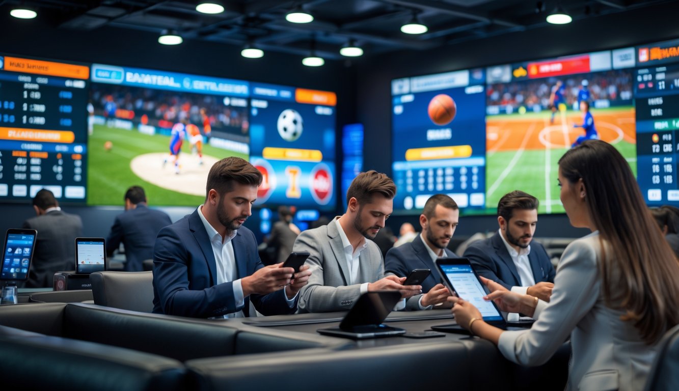 Orang-orang sedang memasang taruhan pada pertandingan basket dan sepak bola menggunakan perangkat digital di sebuah ruang taruhan modern.