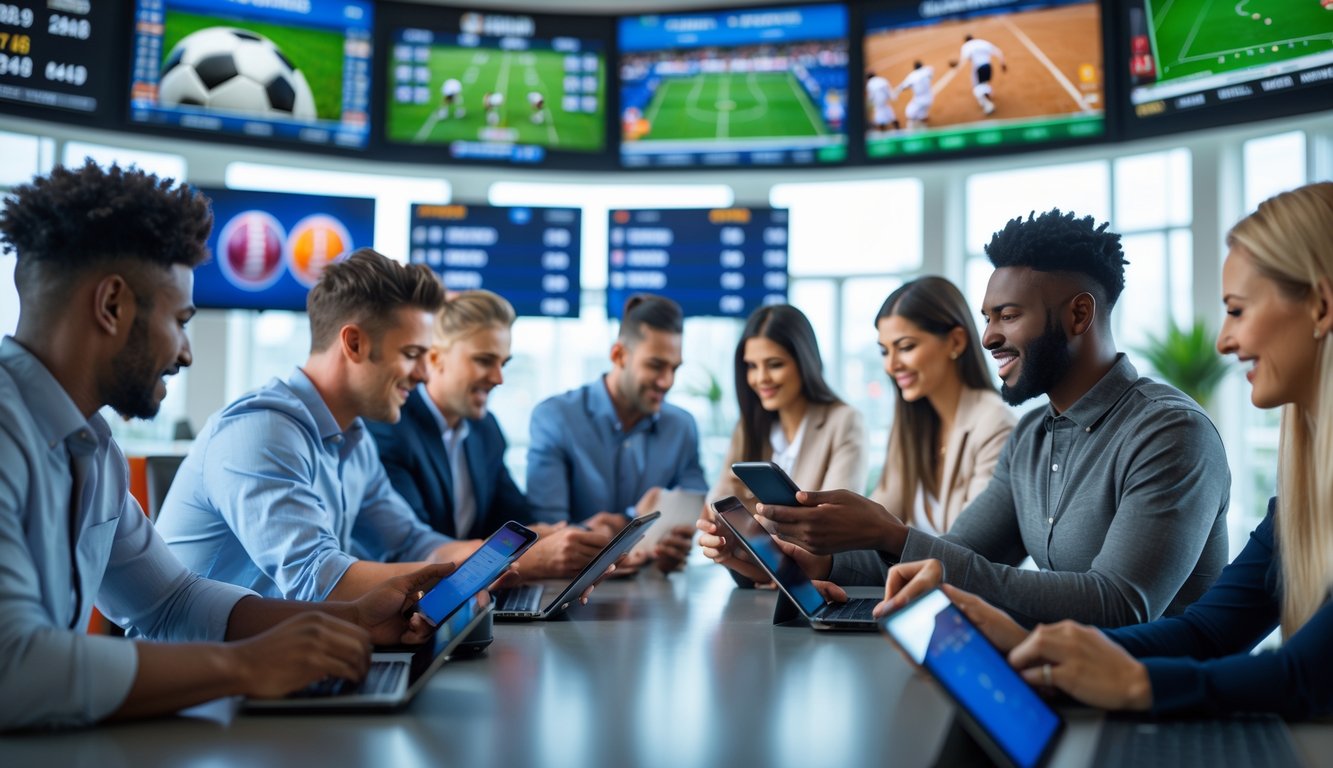 Orang-orang sedang menggunakan perangkat digital untuk memasang taruhan olahraga di sebuah ruang sportsbook yang modern dan terang.