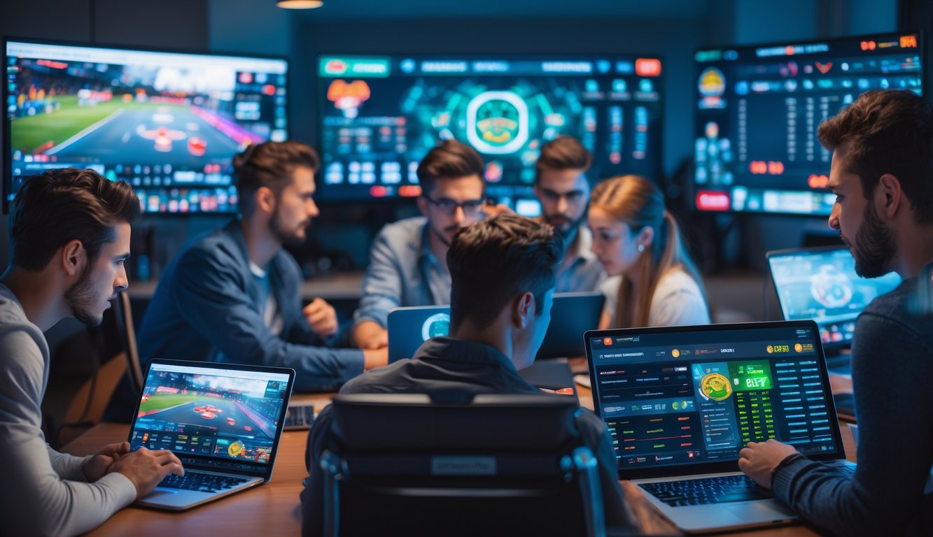Sekelompok orang muda menggunakan perangkat digital untuk taruhan e-sport dan olahraga online di lingkungan modern.