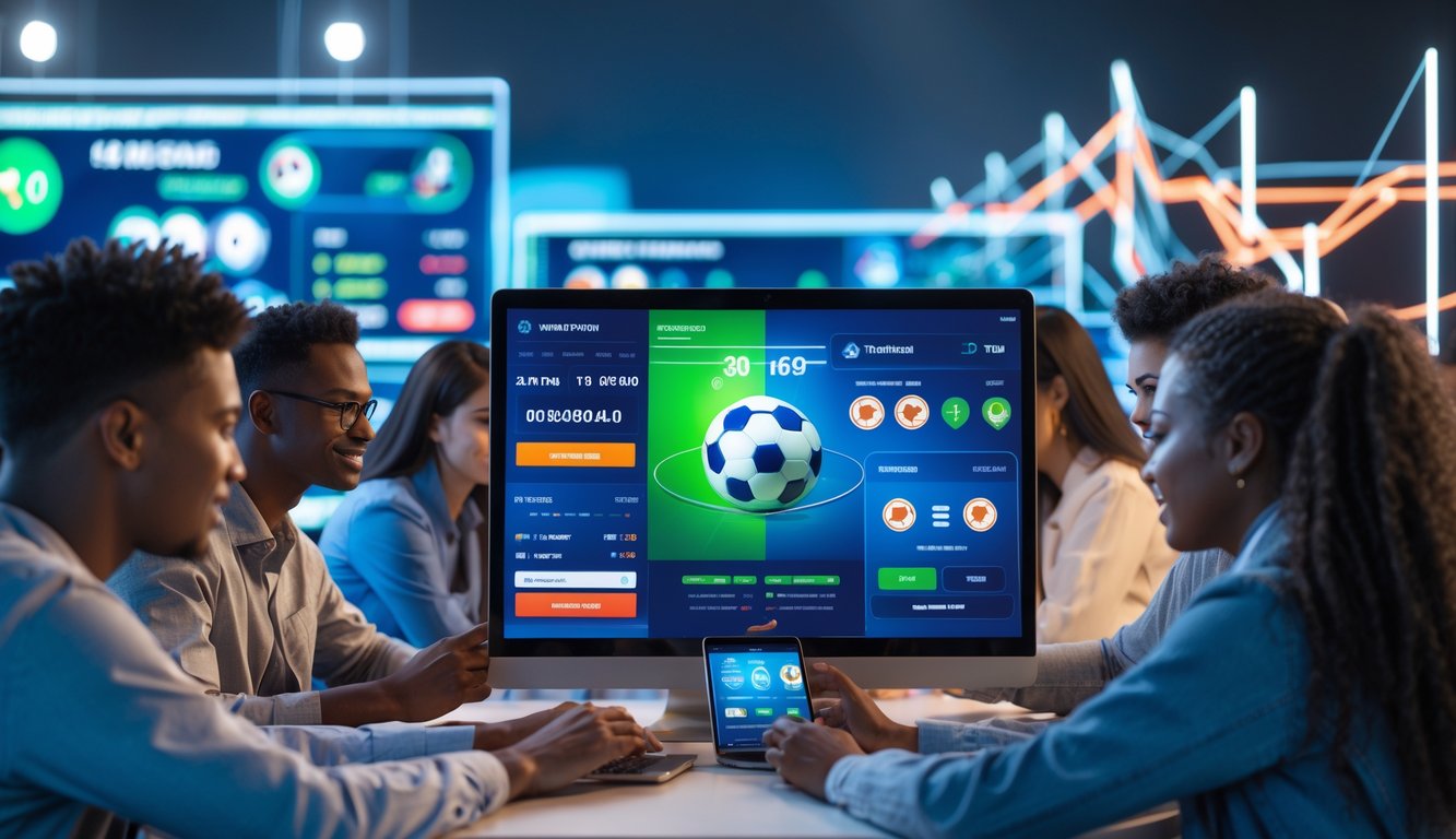 Sekelompok orang muda menggunakan laptop dan ponsel untuk taruhan bola online dengan metode deposit pulsa.