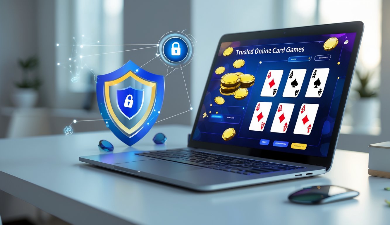 Seorang pemain menggunakan komputer dengan tampilan permainan kartu online yang menarik di layar, di meja kerja yang rapi dan terang.