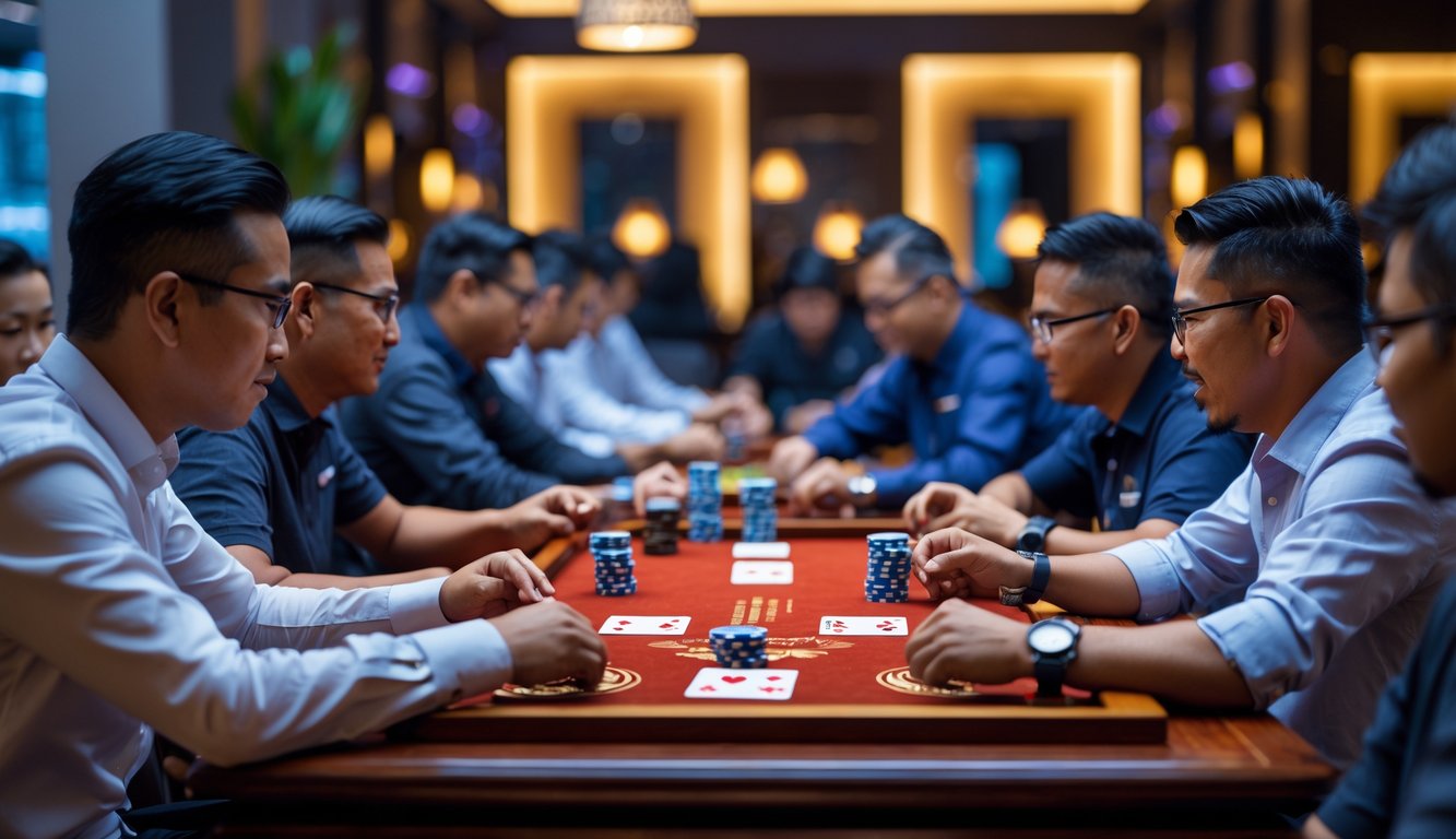 Sejumlah orang Indonesia sedang bermain kartu Capsa di meja kayu dengan suasana yang serius dan penuh semangat.