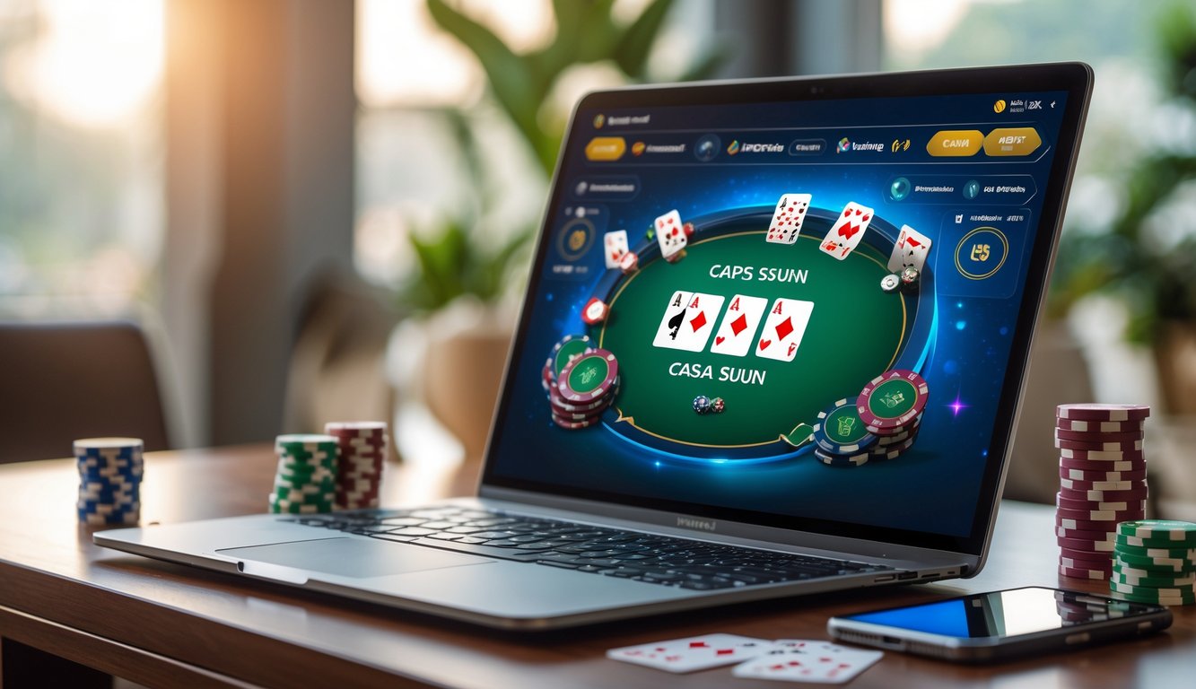 Seorang pemain sedang bermain Capsa Susun online di laptop dengan suasana ruang kerja yang nyaman dan pencahayaan hangat.