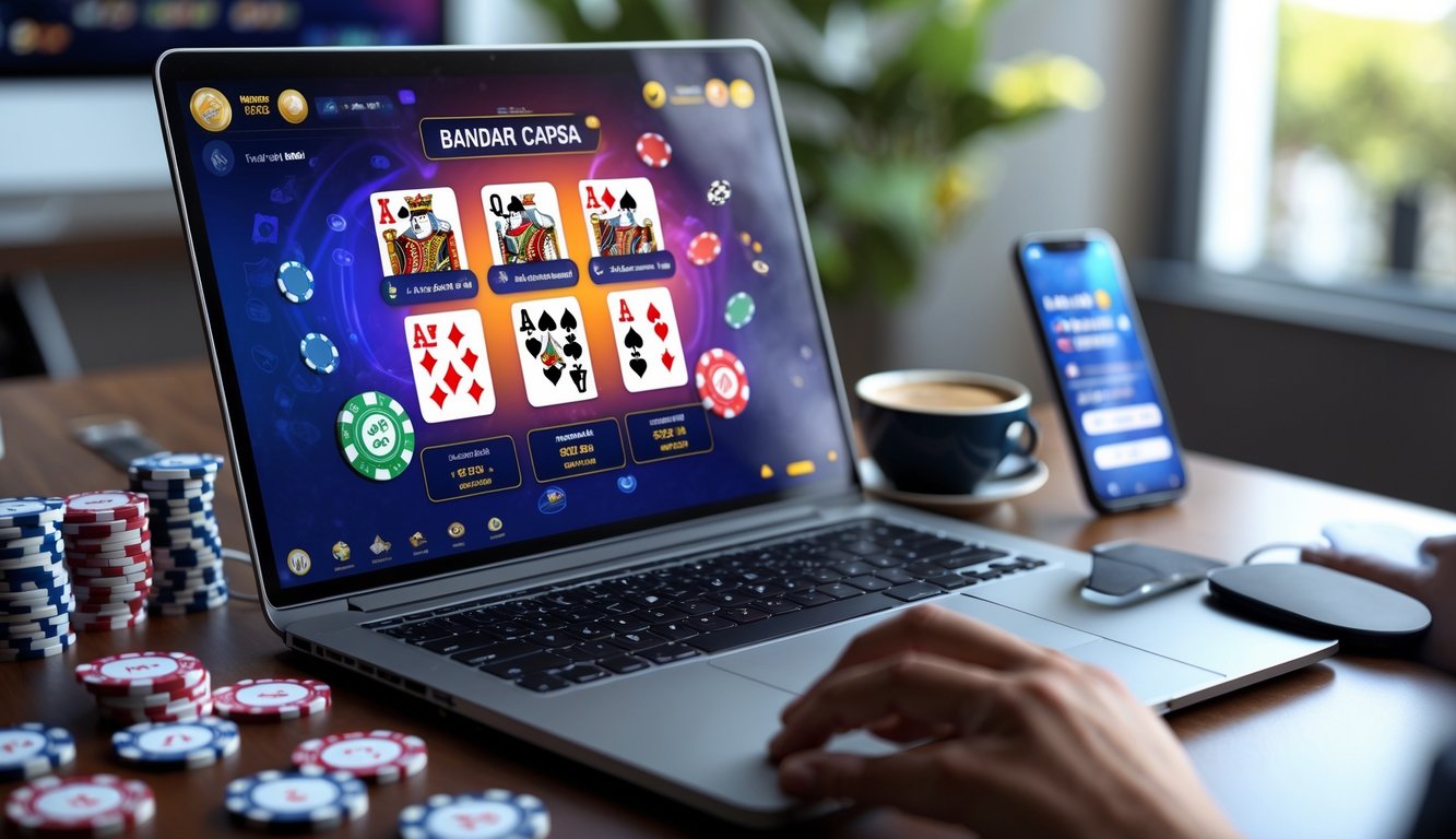 Seseorang sedang bermain permainan kartu online menggunakan laptop di meja kerja dengan chip poker dan ponsel di dekatnya.