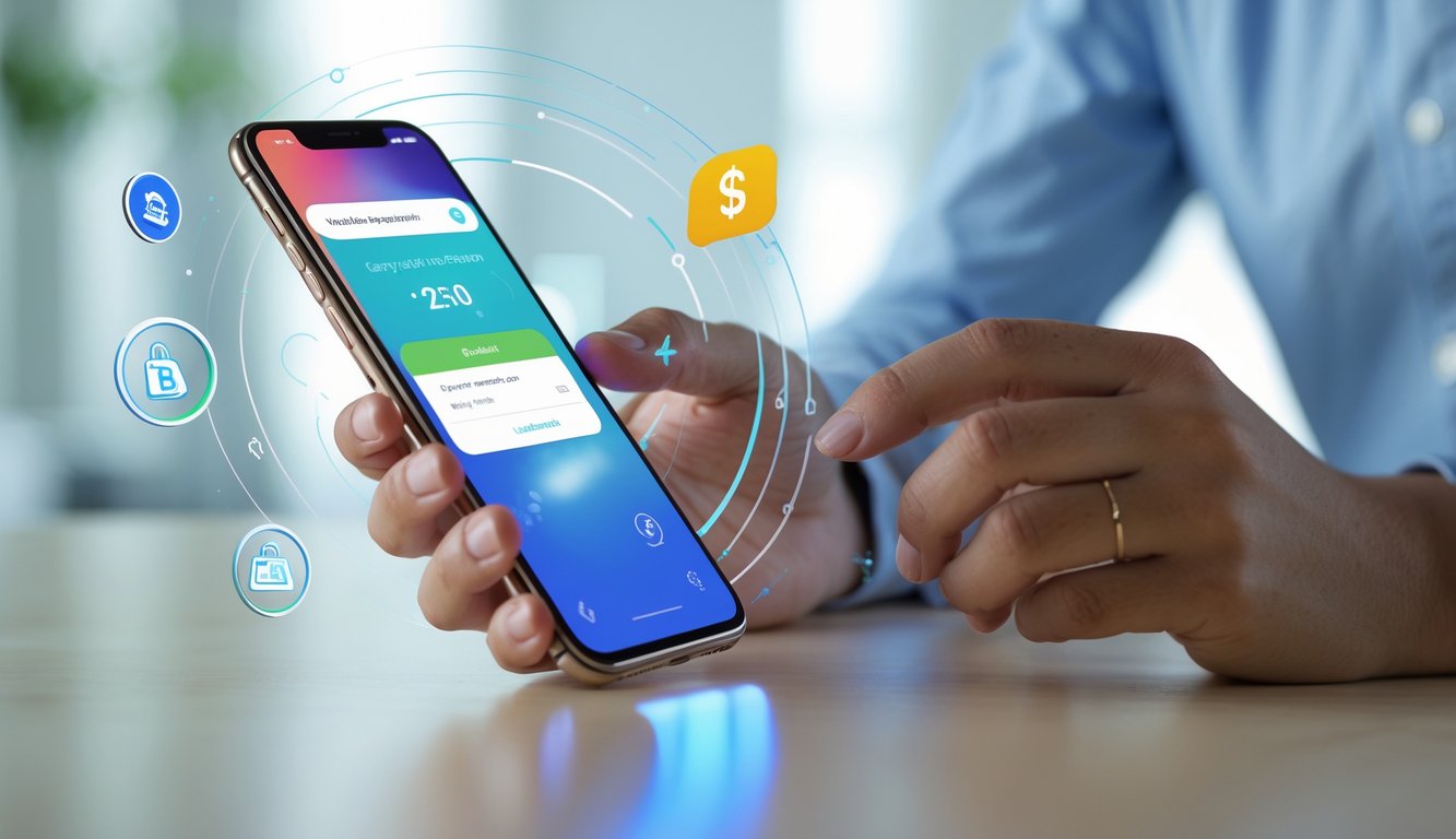 Tangan seseorang memegang ponsel yang menampilkan aplikasi pembayaran digital dengan ikon-ikon transaksi mengambang di sekitarnya.