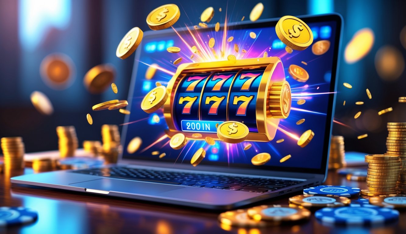 Layar komputer dengan mesin slot digital berwarna cerah dan koin emas yang melayang, dikelilingi oleh chip poker dan kartu remi di atas meja kayu.