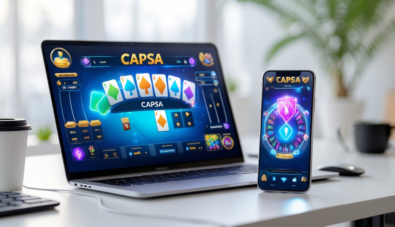 Antarmuka permainan kartu Capsa ditampilkan di laptop dan ponsel di meja kerja yang rapi.