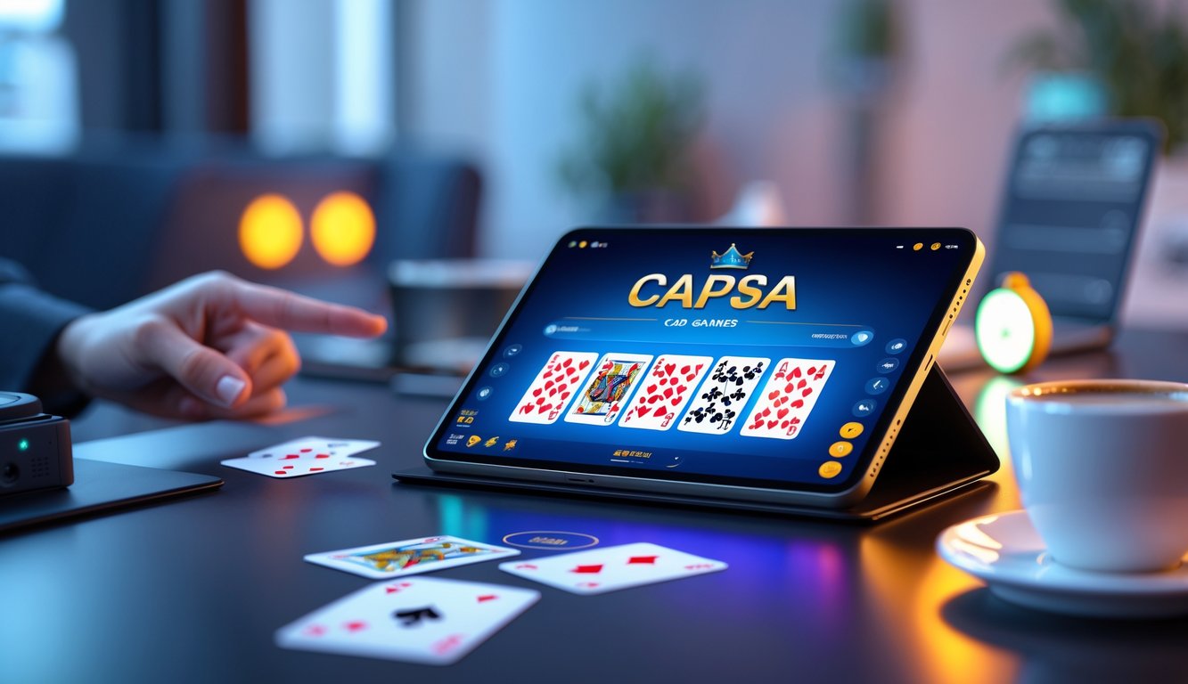 Seseorang menggunakan perangkat digital untuk bermain permainan kartu Capsa secara online dengan latar belakang suasana modern dan elemen yang menunjukkan aktivitas 24 jam.