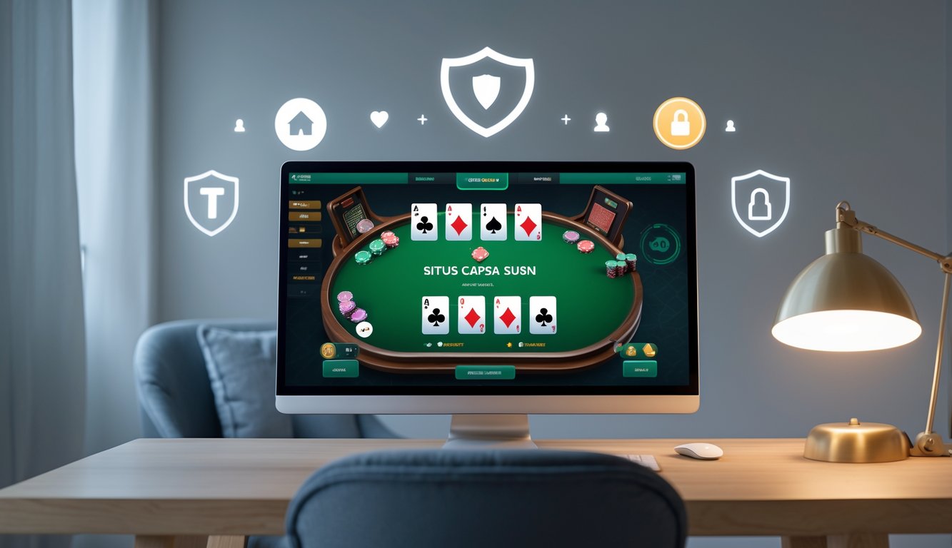 Seorang pemain menggunakan komputer dengan tampilan permainan kartu Capsa Susun yang rapi di layar di ruang kerja yang bersih dan terang.