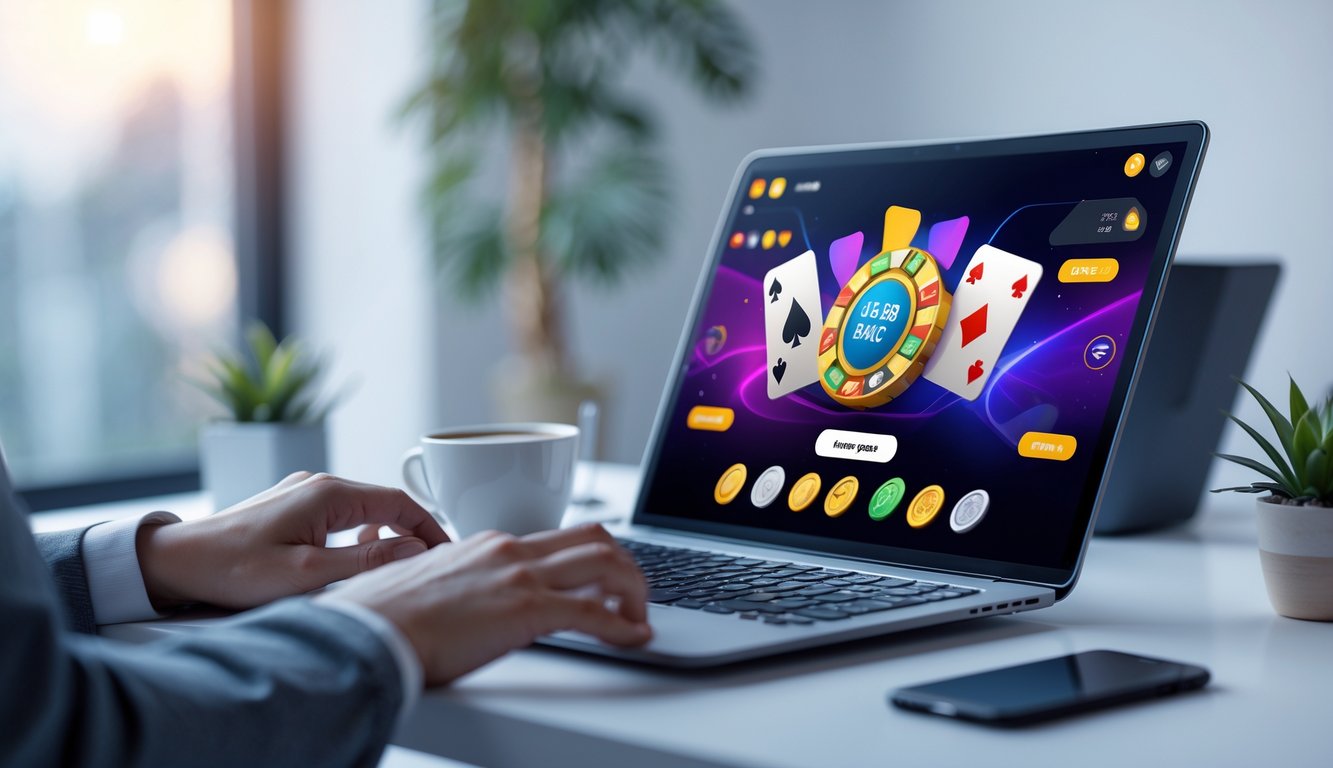 Seseorang menggunakan komputer dengan permainan kartu online di layar, di meja minimalis dengan secangkir kopi dan ponsel.