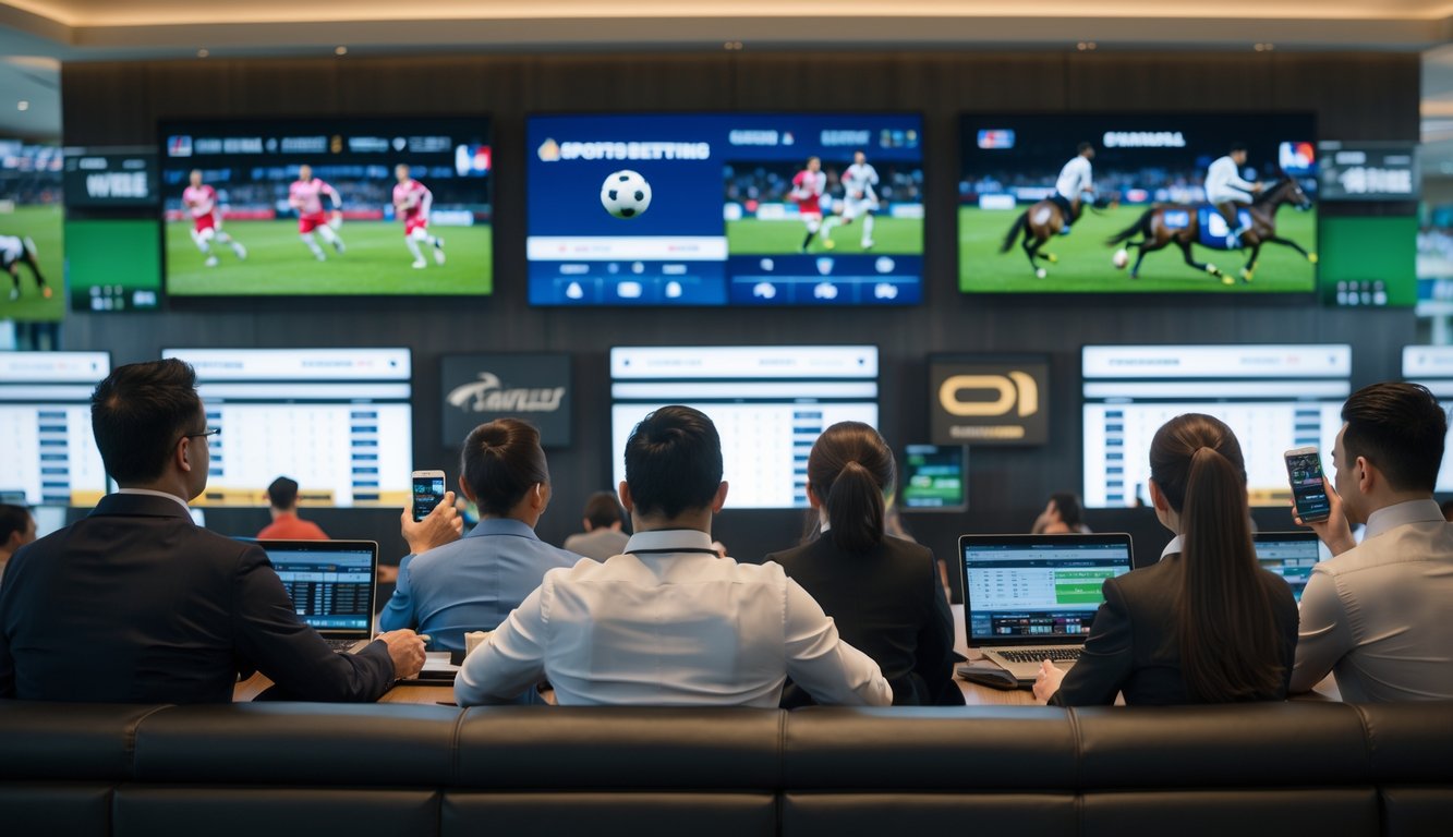 Beberapa orang menonton pertandingan olahraga di layar besar di dalam ruangan modern dengan suasana profesional dan nyaman.