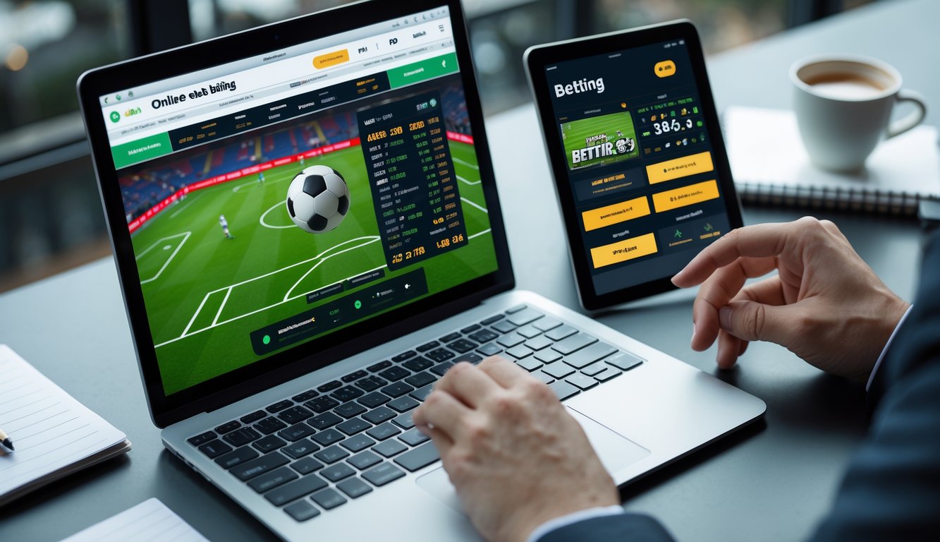 Seseorang menggunakan laptop dan ponsel untuk memasang taruhan bola secara online di meja kerja dengan latar belakang alat tulis dan kopi.