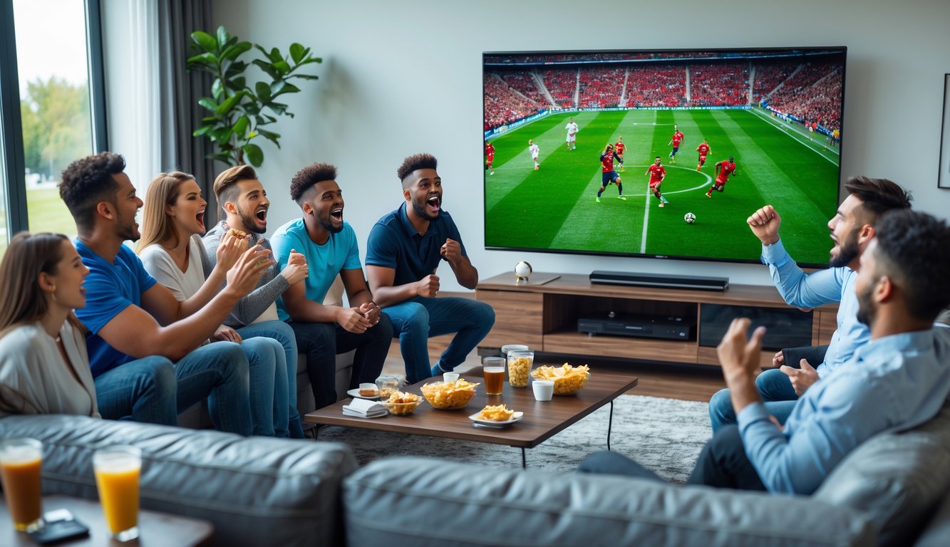 Sekelompok orang muda menonton pertandingan sepak bola secara langsung di ruang tamu dengan TV layar besar.