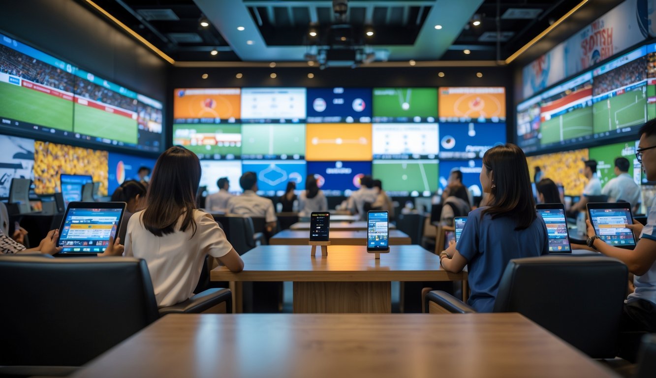 Orang-orang menonton pertandingan olahraga dan memasang taruhan di ruang sportsbook modern dengan layar besar menampilkan berbagai cabang olahraga.