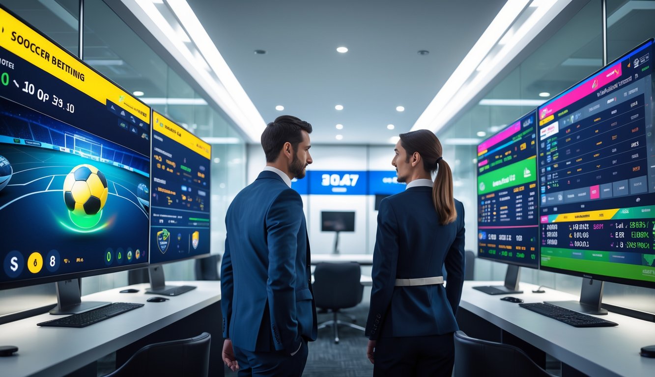 Dua orang profesional sedang melihat layar besar dengan statistik dan data pertandingan sepak bola di sebuah kantor modern.