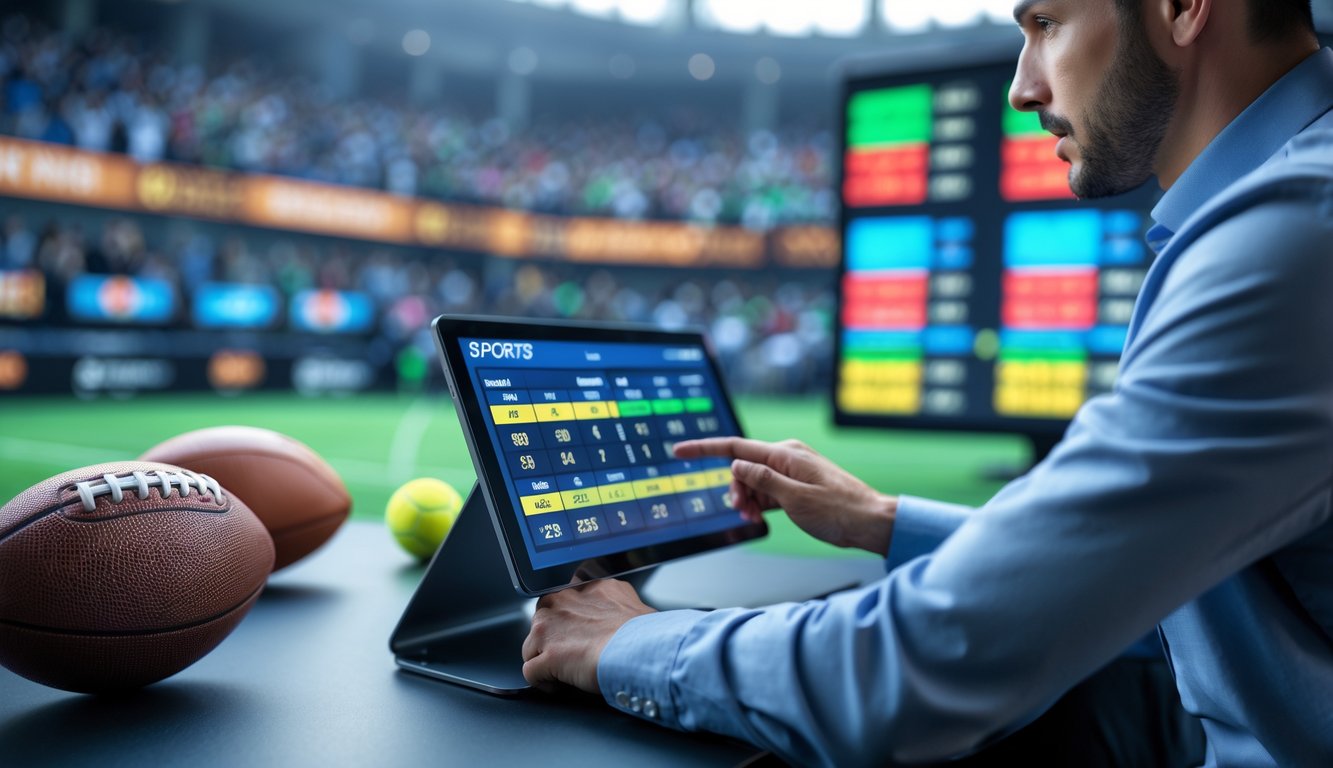 Seseorang menggunakan perangkat layar sentuh di lingkungan taruhan olahraga dengan layar menampilkan angka peluang taruhan dan peralatan olahraga di latar belakang.