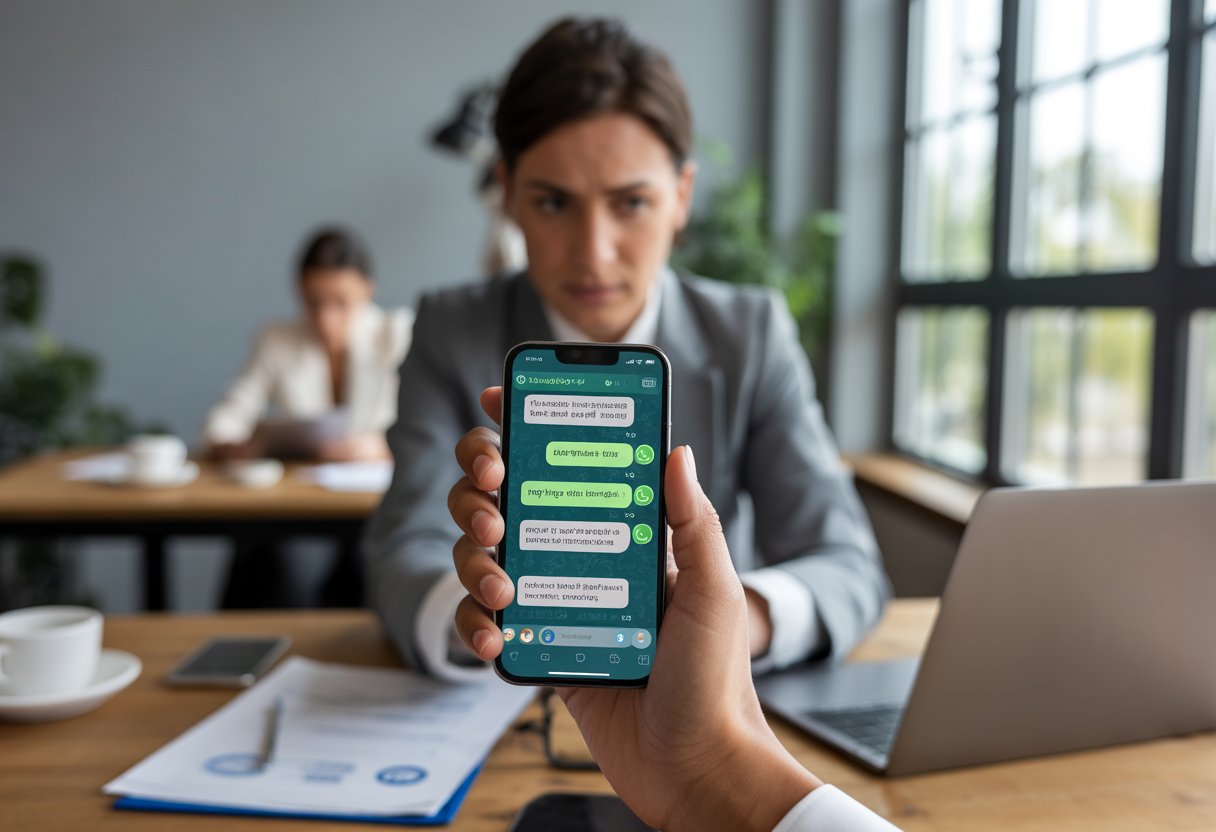 Een persoon in een kantoor houdt een smartphone vast met een WhatsApp-gesprek, terwijl documenten en een laptop op een bureau liggen.