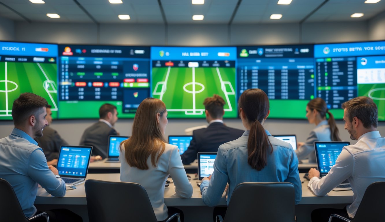 Orang-orang sedang menggunakan perangkat digital untuk bertaruh pada pertandingan sepak bola yang ditayangkan di layar besar.