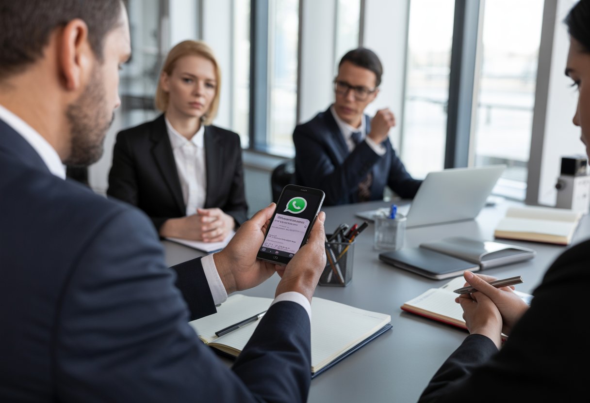 Een zakelijke vergadering waarbij professionals rond een tafel zitten en een persoon een smartphone vasthoudt met een WhatsApp-gesprek, in een moderne kantooromgeving.