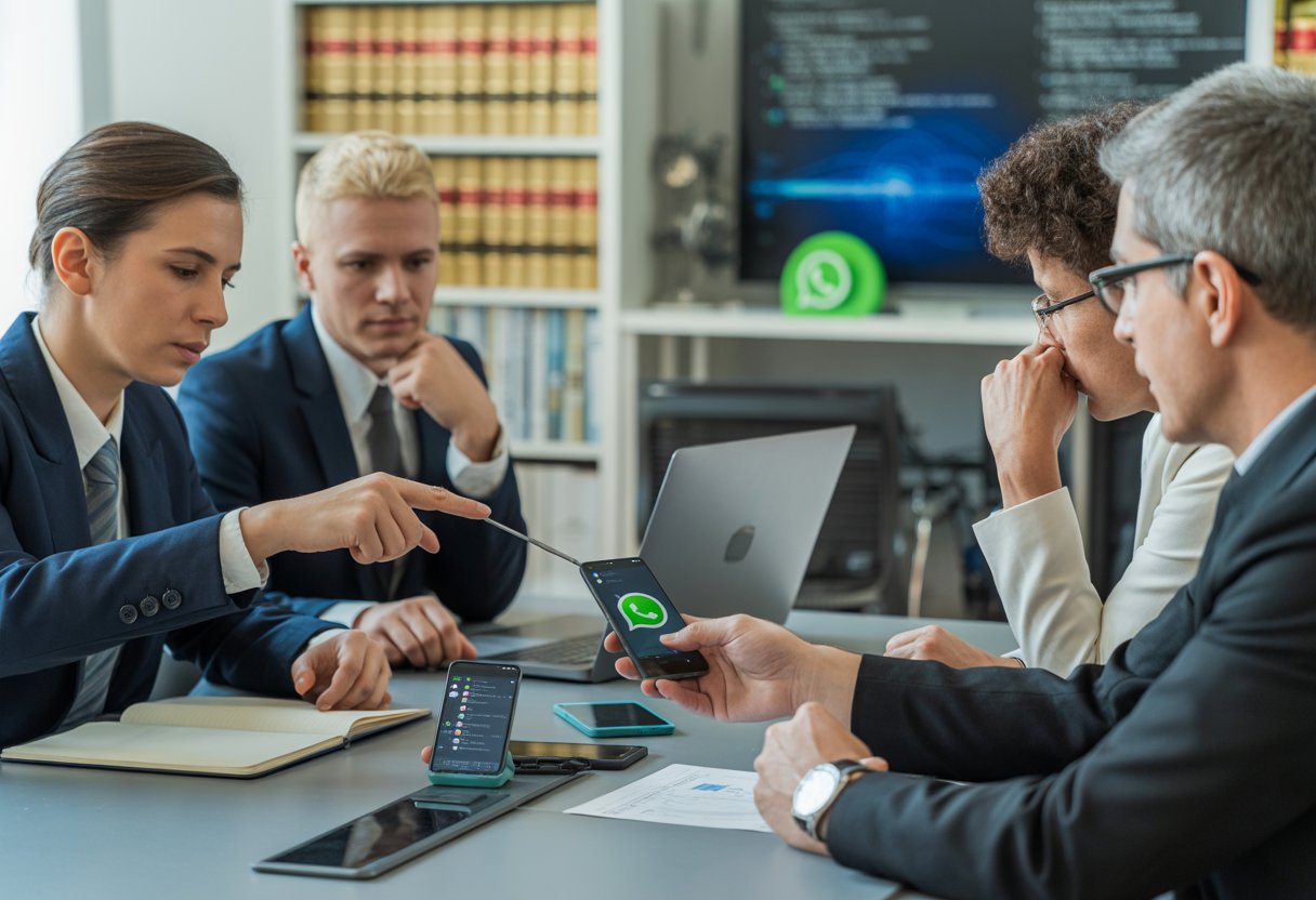 Een groep zakelijke professionals bespreekt WhatsApp-berichten en juridische documenten in een moderne vergaderruimte.