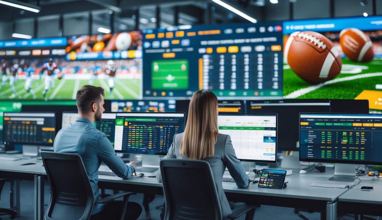 Orang-orang sedang bekerja di kantor modern dengan layar komputer menampilkan data dan statistik olahraga.