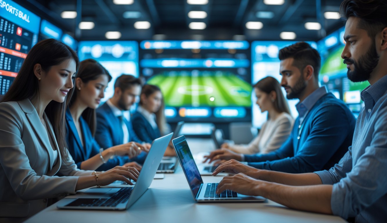 Beberapa orang menggunakan perangkat elektronik untuk bertaruh pada pertandingan sepak bola di lingkungan yang modern dan terpercaya.