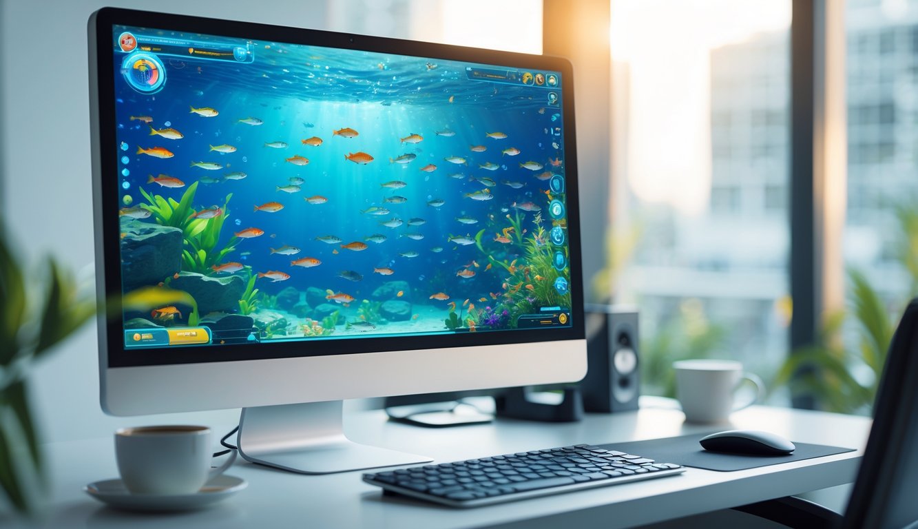 Sebuah layar komputer menampilkan permainan memancing ikan online dengan ikan berwarna-warni di bawah air.