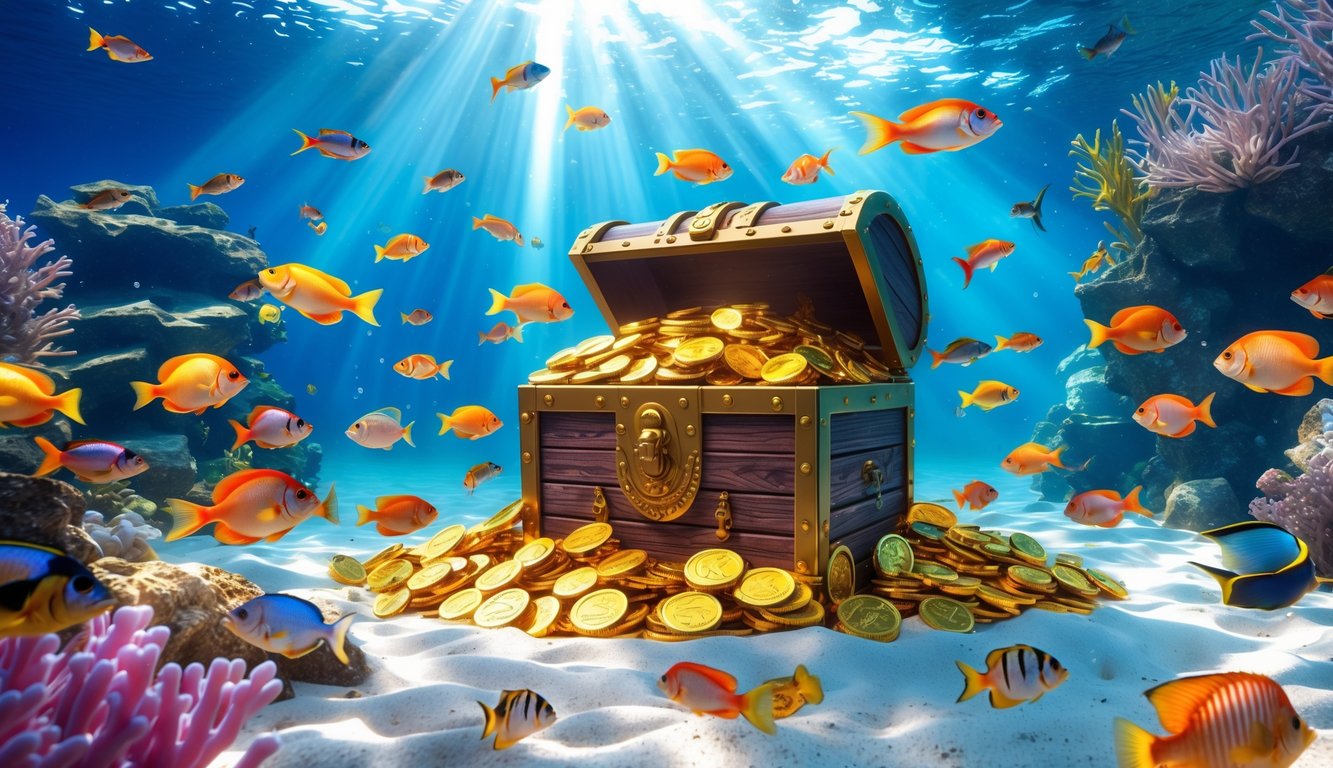 Pemandangan bawah laut dengan ikan berwarna-warni berenang di sekitar peti harta karun yang penuh dengan koin emas dan perhiasan.