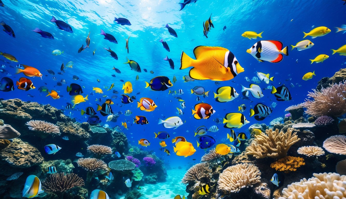 Pemandangan bawah laut dengan berbagai ikan berwarna-warni yang berenang aktif di antara terumbu karang.