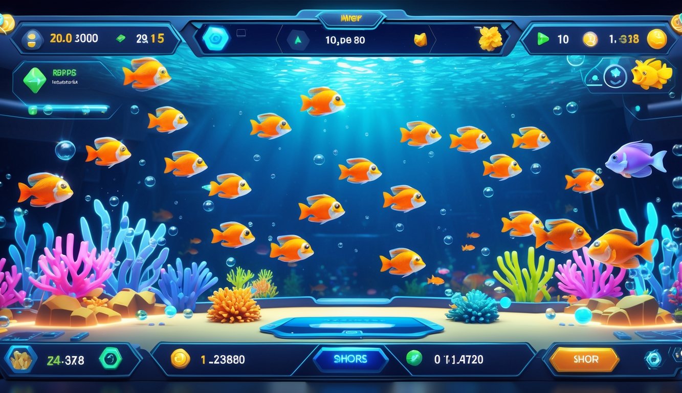 Tampilan antarmuka permainan tembak ikan dengan berbagai ikan berwarna-warni di bawah laut dan elemen permainan digital.