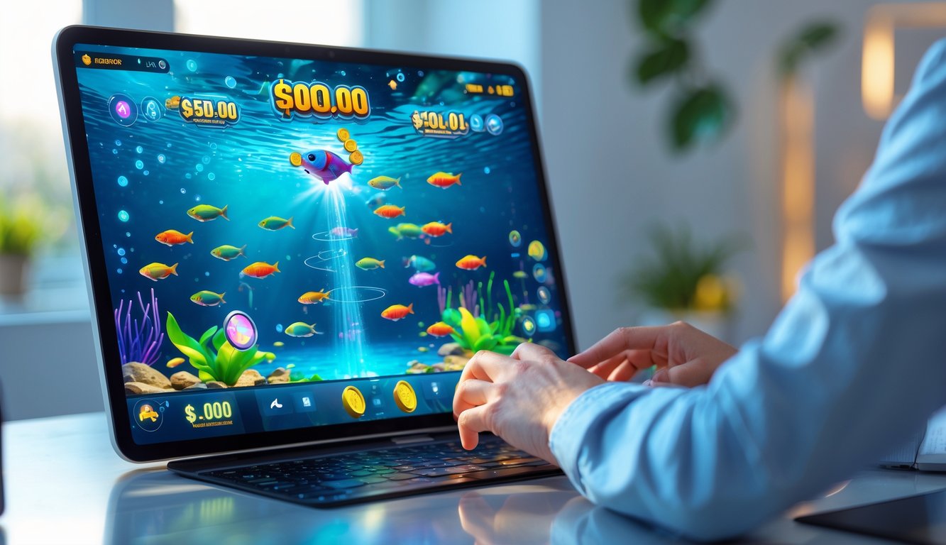 Seseorang bermain game tembak ikan online dengan uang asli di layar komputer di meja kerja.