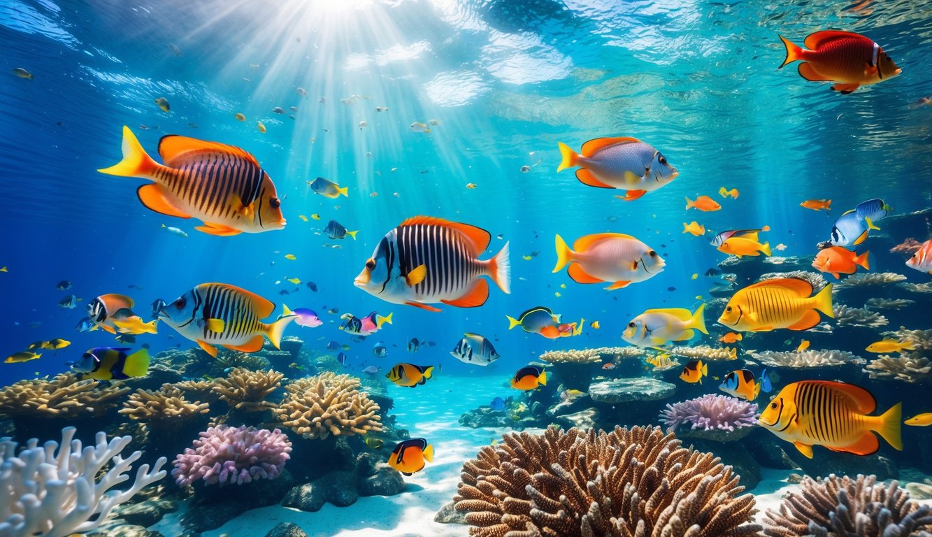 Pemandangan bawah laut dengan ikan tropis berwarna-warni berenang di antara terumbu karang yang jernih dan sinar matahari menembus air.