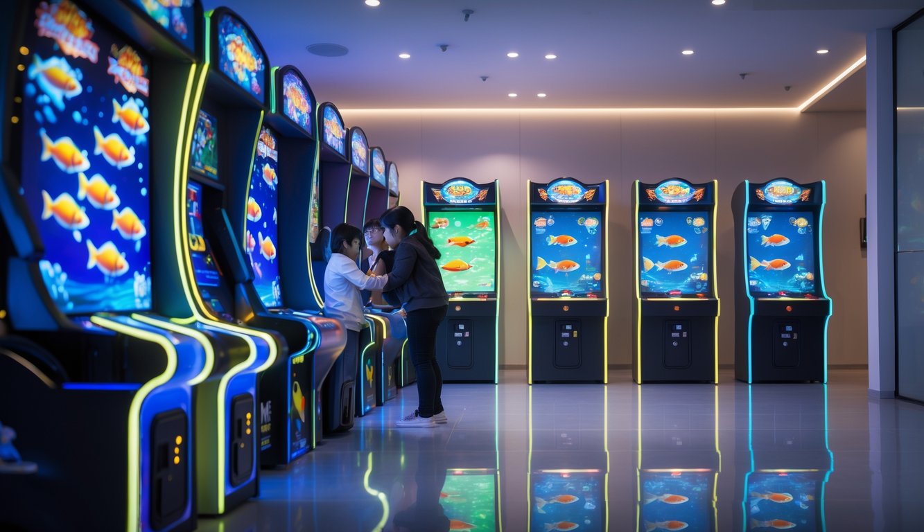 Suasana pusat permainan tembak ikan dengan mesin arcade modern dan beberapa pemain yang sedang bermain.