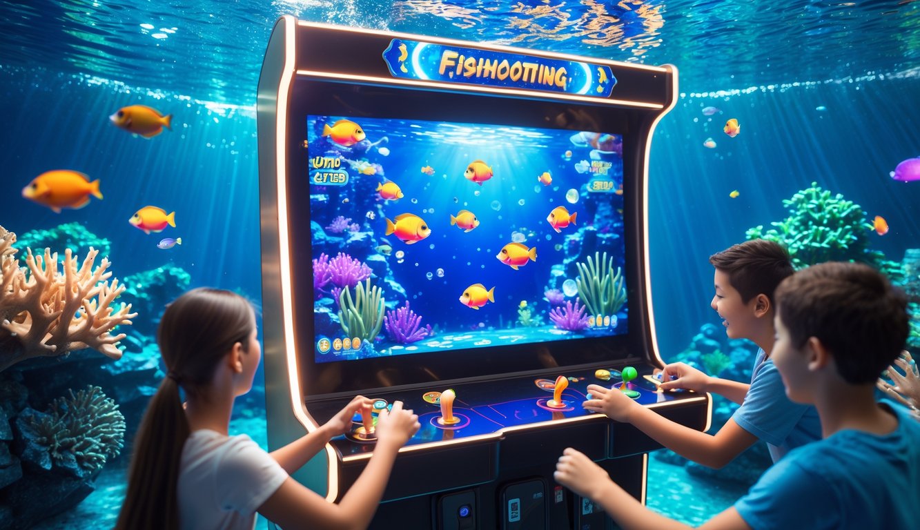 Suasana permainan tembak ikan dengan mesin arcade modern dan ikan warna-warni di layar, dikelilingi oleh pemain yang fokus dan bersemangat.