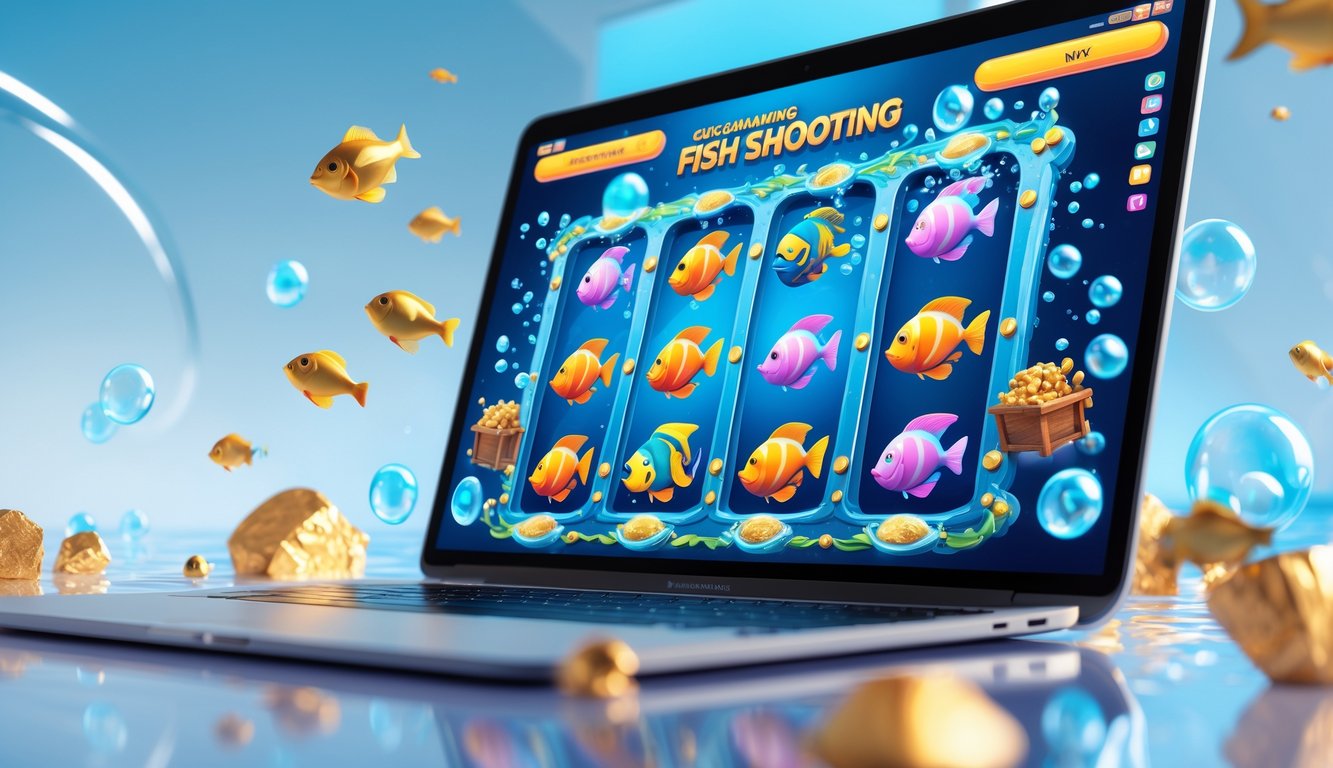 Layar perangkat digital menampilkan permainan slot ikan online dengan grafik bawah laut berwarna-warni dan berbagai ikan serta elemen harta karun.
