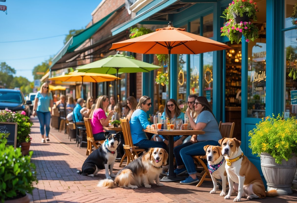 People dining outdoors at a sidewalk café with dogs sitting beside them, near shops with plants and decorations on a sunny day.
