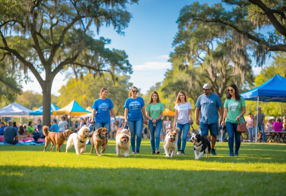 People and dogs enjoying a sunny outdoor dog-friendly event in a green park with tents and trees in Dothan, Alabama.