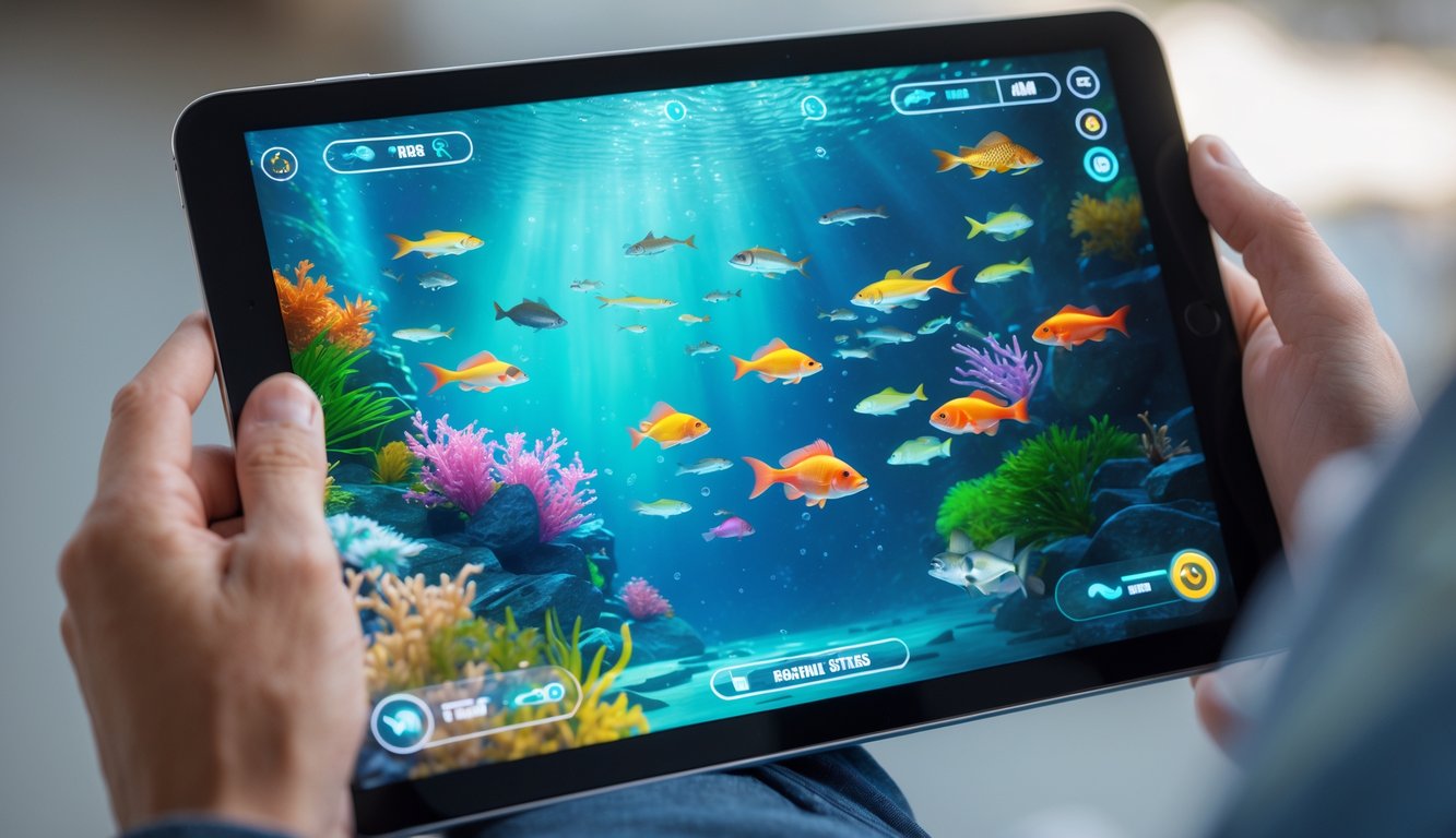 Seseorang memegang tablet yang menampilkan permainan memancing ikan dengan berbagai ikan berwarna-warni di layar.