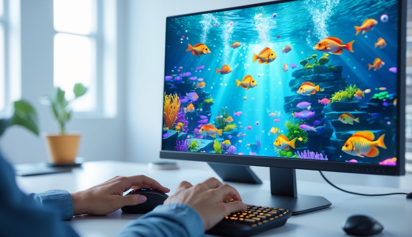 Seseorang sedang bermain game menembak ikan online di komputer dengan layar menampilkan ikan berwarna-warni di bawah laut.