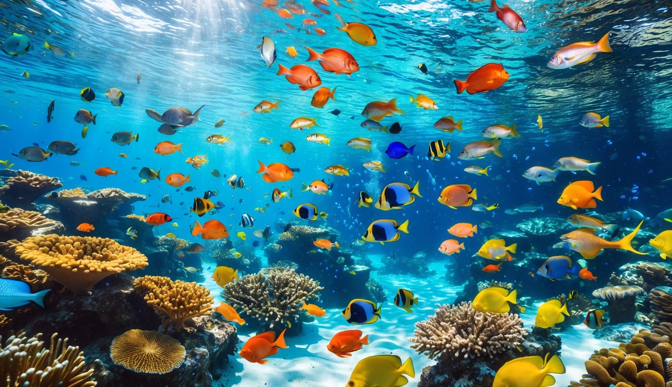 Pemandangan bawah laut dengan berbagai ikan tropis berwarna-warni yang berenang di antara terumbu karang.