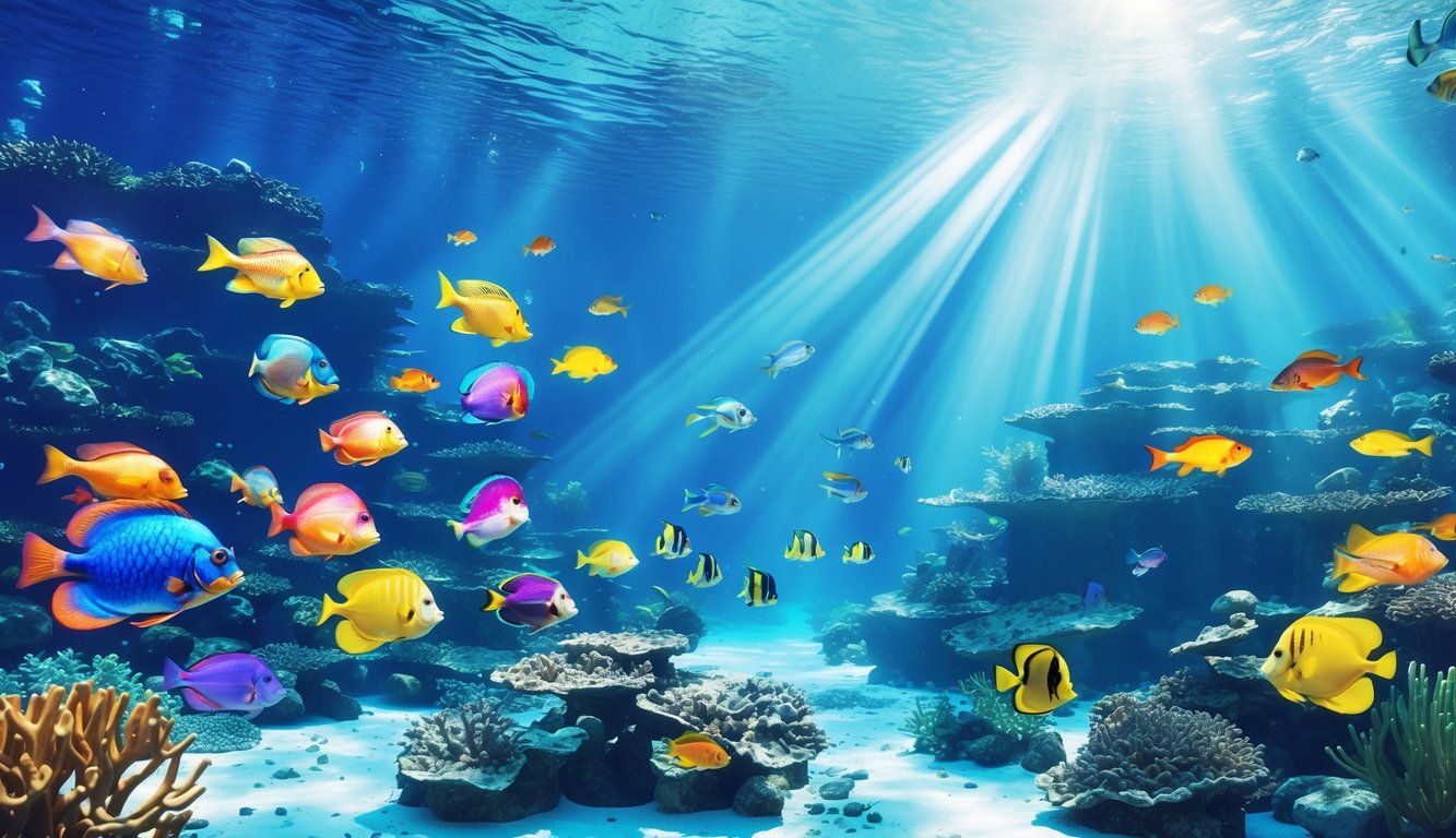 Pemandangan bawah laut dengan berbagai ikan tropis berwarna-warni berenang di antara terumbu karang yang indah.