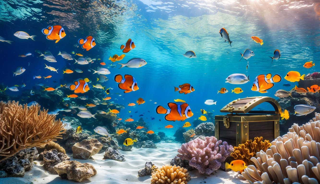 Pemandangan bawah laut dengan terumbu karang berwarna-warni dan berbagai ikan tropis berenang di air jernih.