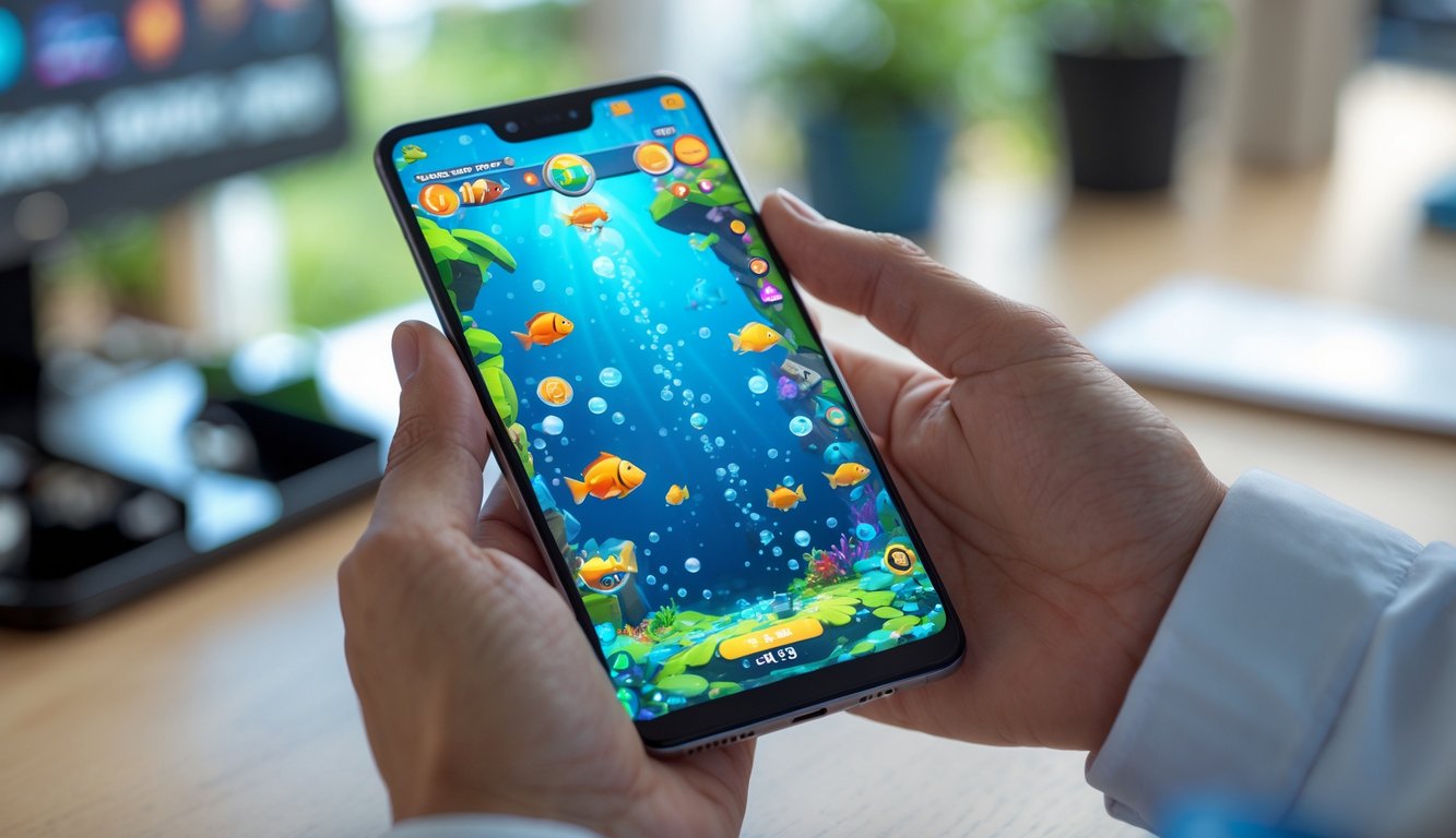 Seseorang memegang ponsel yang menampilkan permainan ikan bawah laut yang berwarna-warni.