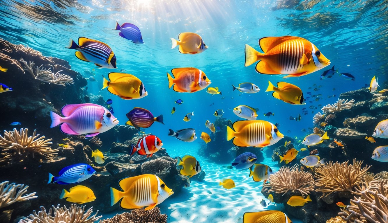 Pemandangan bawah laut dengan berbagai ikan tropis berwarna-warni berenang di antara terumbu karang.