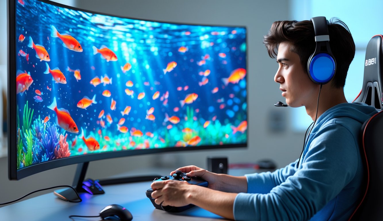 Seorang pemain muda sedang fokus bermain game tembak ikan online di depan layar komputer dengan latar belakang ikan berwarna-warni.