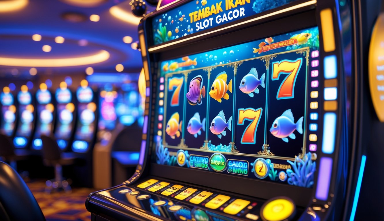Layar mesin slot dengan tema ikan berwarna-warni dan elemen bawah laut di dalam kasino.