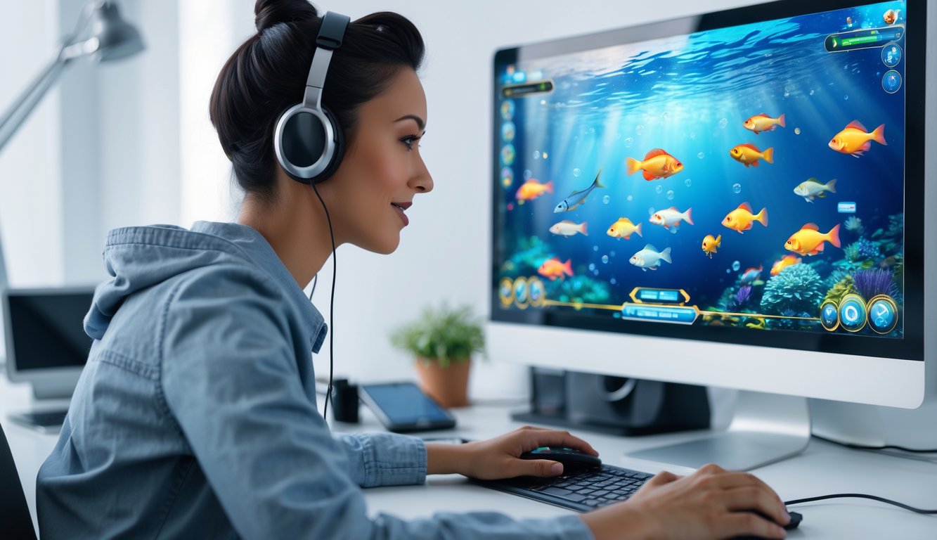 Seseorang sedang bermain permainan tembak ikan di komputer dengan latar belakang grafis ikan berwarna-warni di layar.