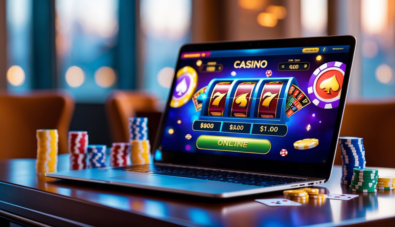 Seorang pria menggunakan laptop dengan permainan kasino online di layar, dikelilingi oleh chip poker dan kartu remi di atas meja kayu.