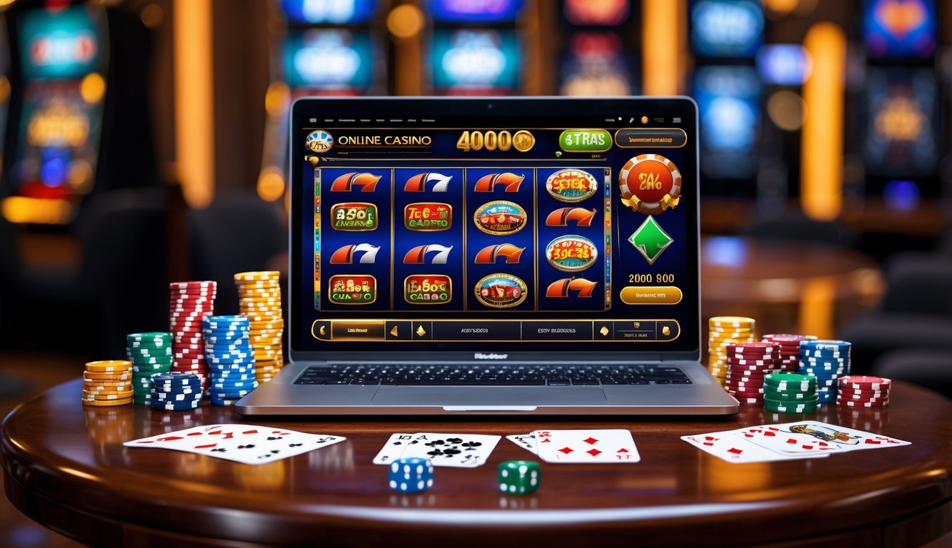Seorang pengguna bermain kasino online di laptop dengan chip poker dan kartu di meja kayu.