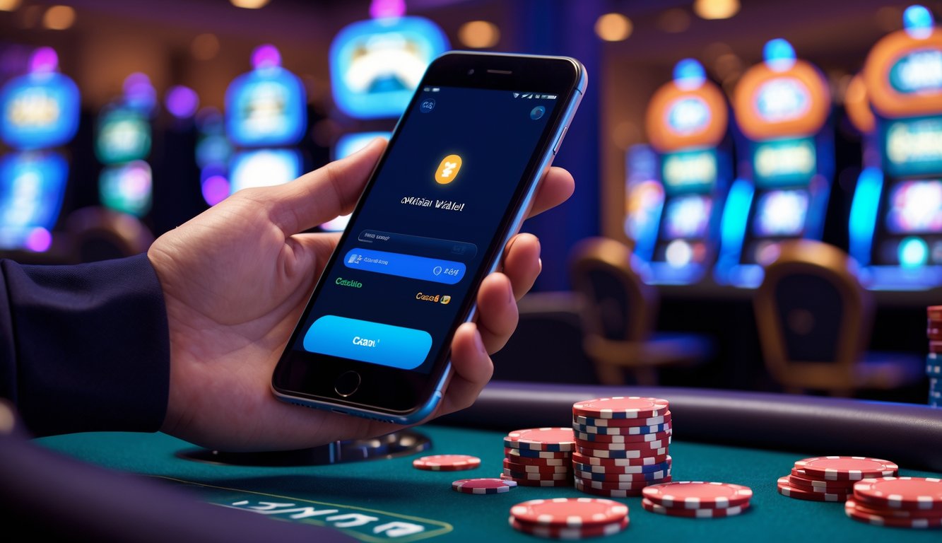 Seseorang memegang ponsel dengan aplikasi pembayaran digital di latar belakang kasino dengan mesin slot dan meja permainan.